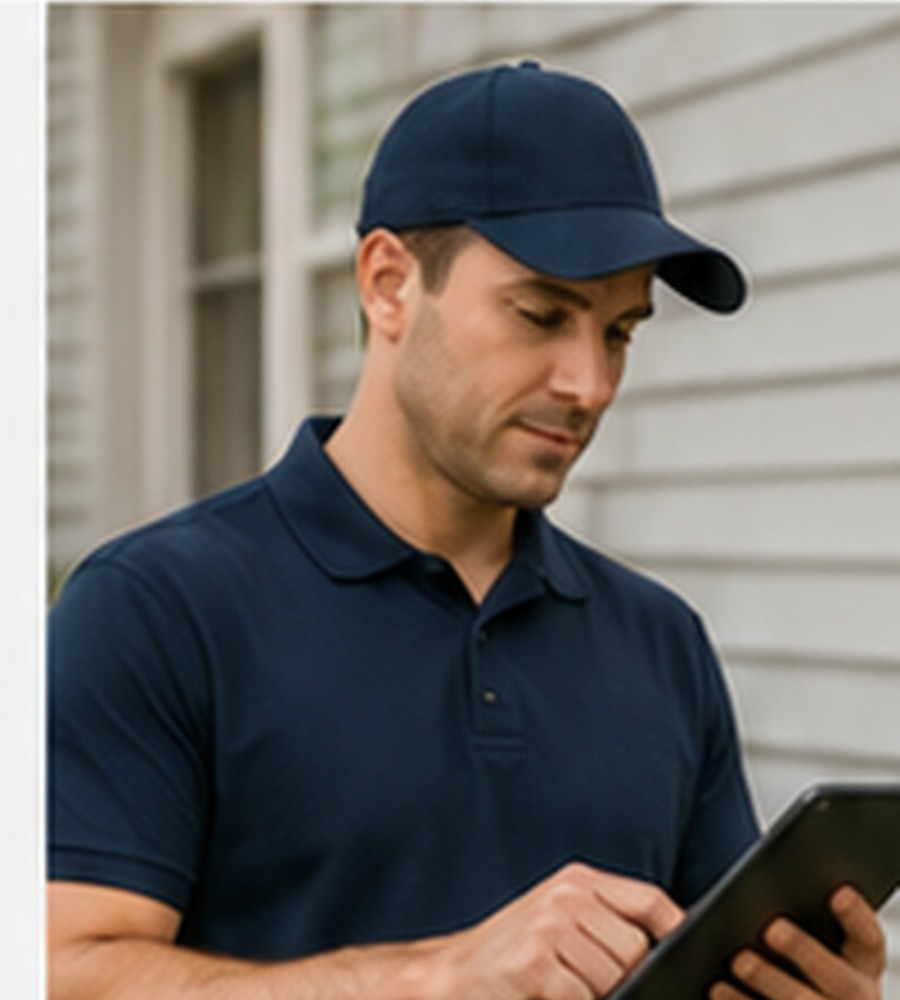 Home inspector reviewing notes outside a house